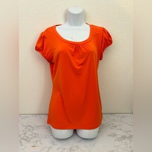 Worthington Top Womens M Orange Stretch Pleated Bodice Puff Sleeves Pullover